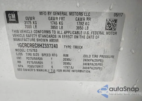 2017 Chevrolet Silverado 1500 1Lt z USA, uszkodzony, nr VIN 1GCRCREC8HZ337240